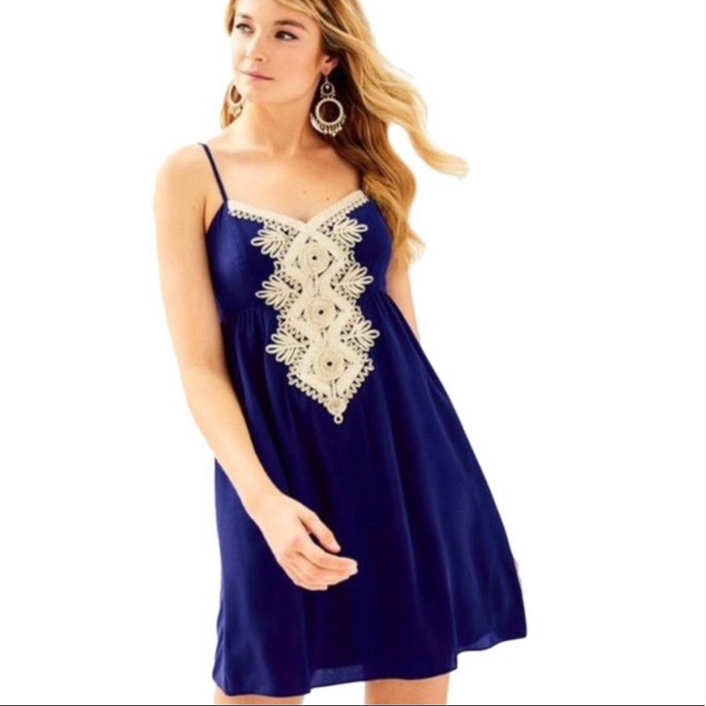 Lilly Pulitzer Kelsea Silk Dress Size 2 True Navy Embroidered Party Vacation